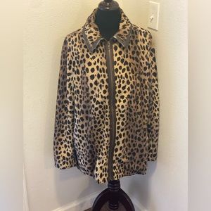 Dennis Basso Faux Fur Animal Print Jacket Coat Faux Leather Trim *PEELING 1X
